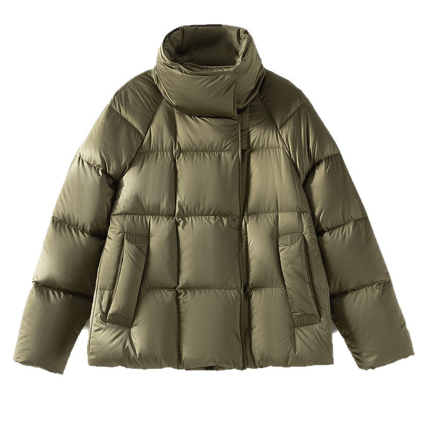 Women Short Boxy Puffer Jacket with High Stand Collar and Raglan Sleeves