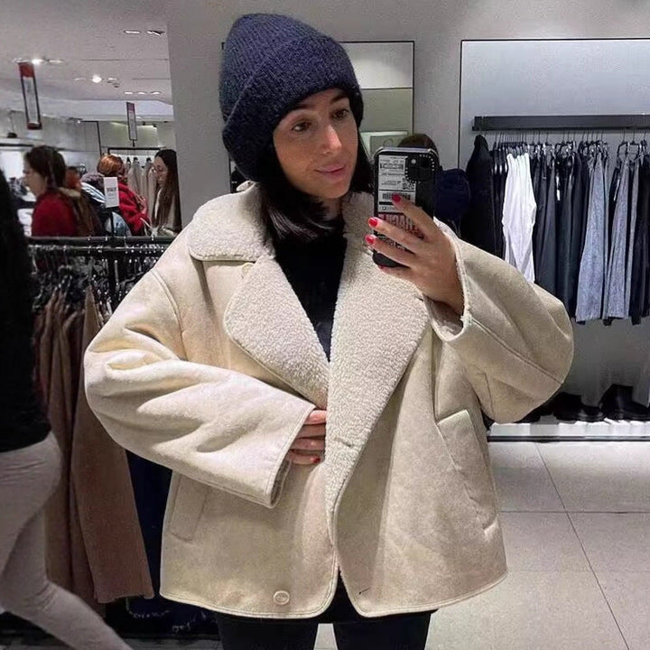 Ladies short jacket in lamb fur look with shawl collar and side patch pockets