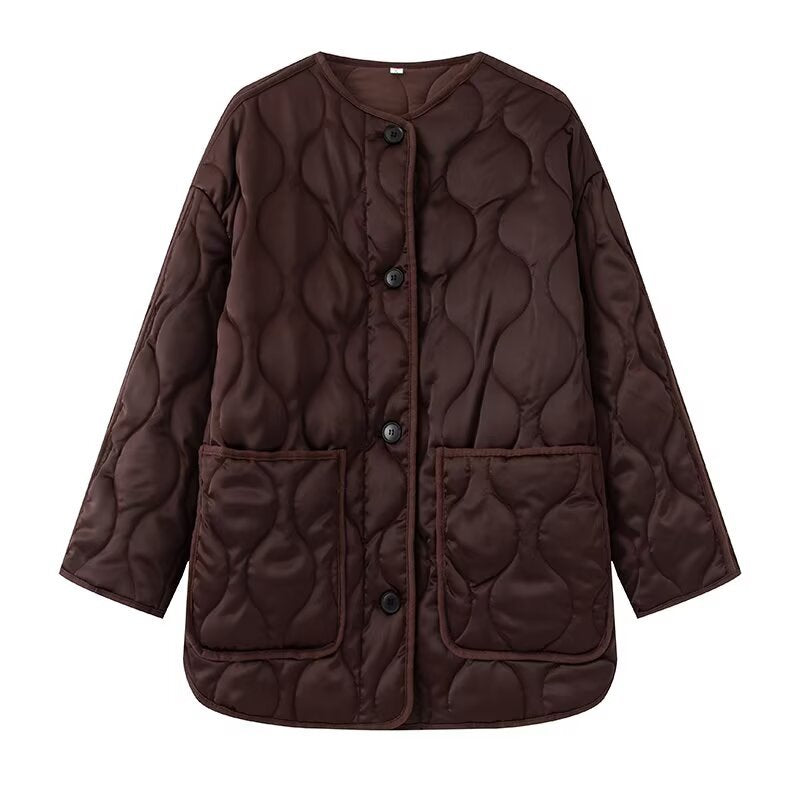 Women Longline Quilted Jacket with Round Neck, Button Placket and Patch Pockets