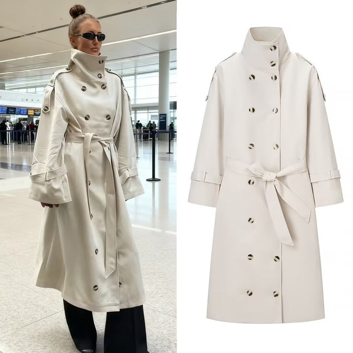 Women Longer double-breasted trench coat with high stand-up collar and waist belt