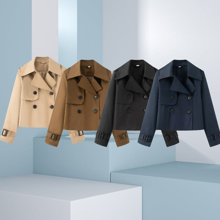 Women Cropped Double-breasted Trench Coat with Wide Lapels and Adjustable Cuffs