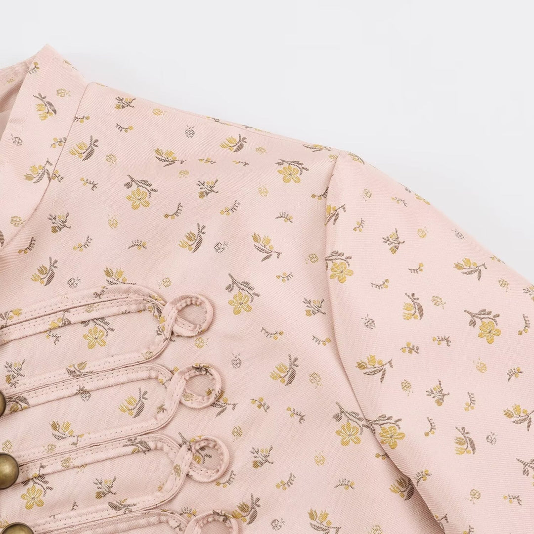 Women Cropped Satin Jacket in Military Style with Decorative Frog Trim