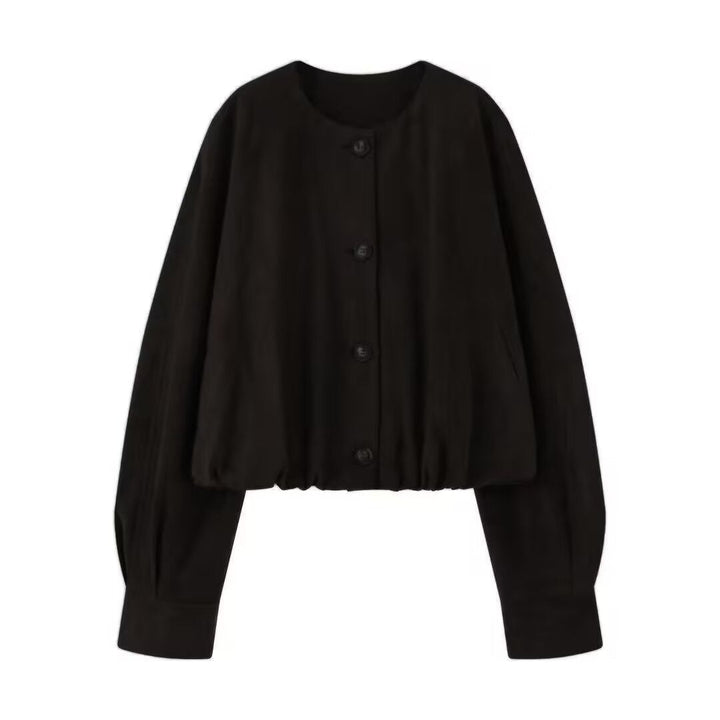 Women Short Blouson Jacket in Cropped Look with Round Neckline and Balloon Sleeves
