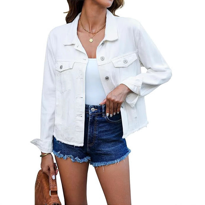 Women Short Cut Denim Jacket with Frayed Hem and Chest Pockets