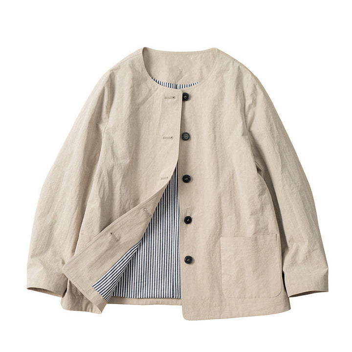 Ladies Fashionable Transitional Jacket with Unique Button Placket