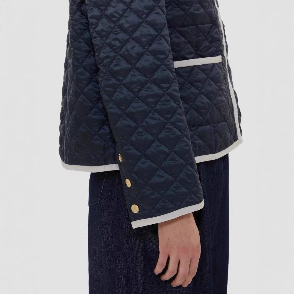 Women Lightly Quilted Short Jacket without Collar with Contrast Piping and Full-Length Zip