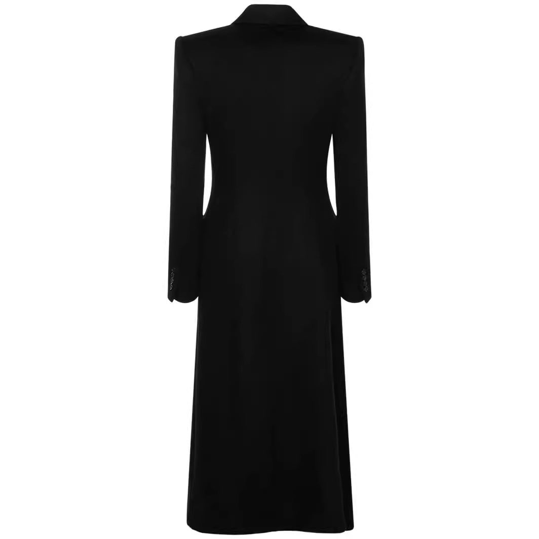 Women Maxilength Asymmetrical Double-breasted Blazer-Coat with Emphasized Shoulder