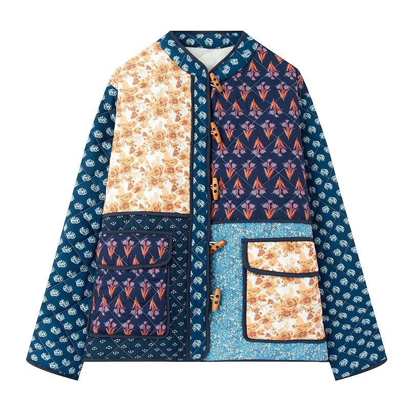 Women Padded Patchwork Quilted Jacket with Toggle Closures and Patch Pockets