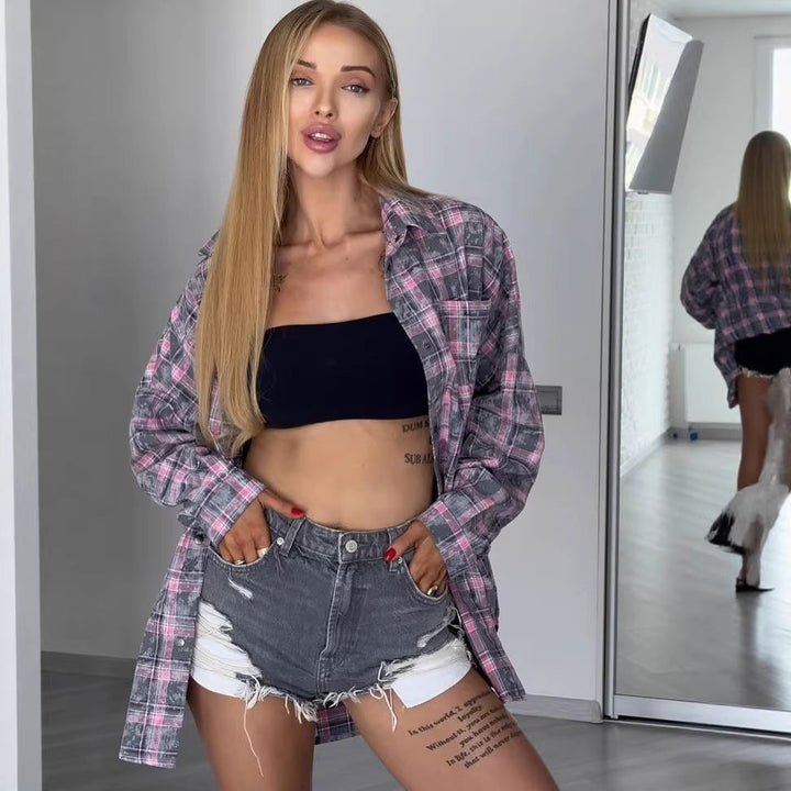 Women Oversized Checked Shacket-Shirt Jacket with Snap Button Closure and Rounded Hem