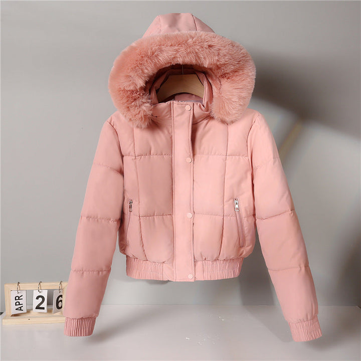 Ladies nan padded short jacket in blouson style with hood and cosy faux fur trim