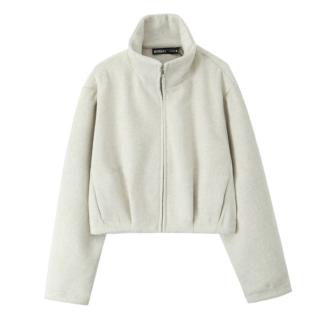 Women Boxy Fleece Jacket with Stand-up Collar and Concealed Zip