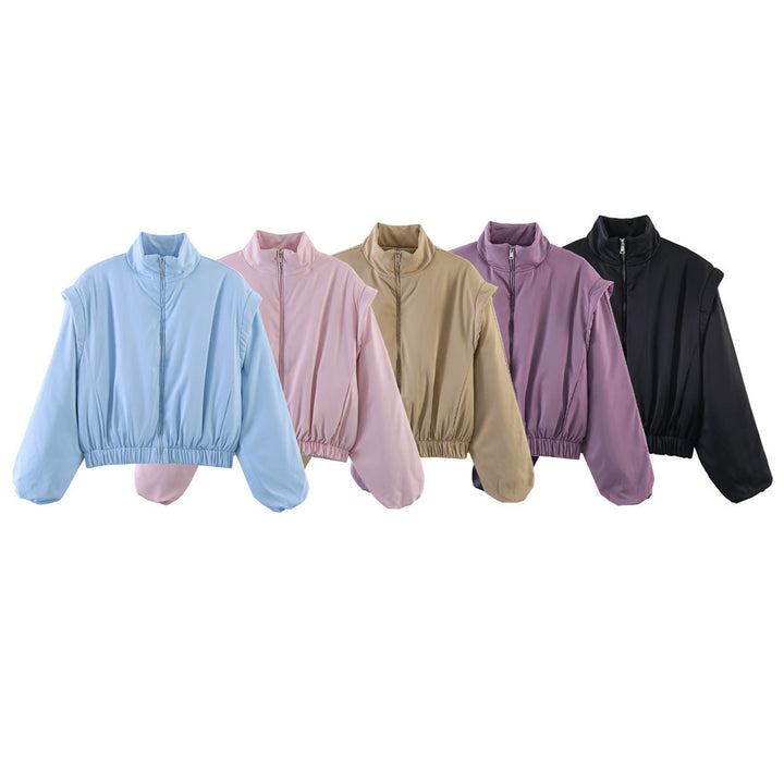 Women Short Cropped Puffer Jacket with Stand-up Collar, Zip, and Elastic Waist