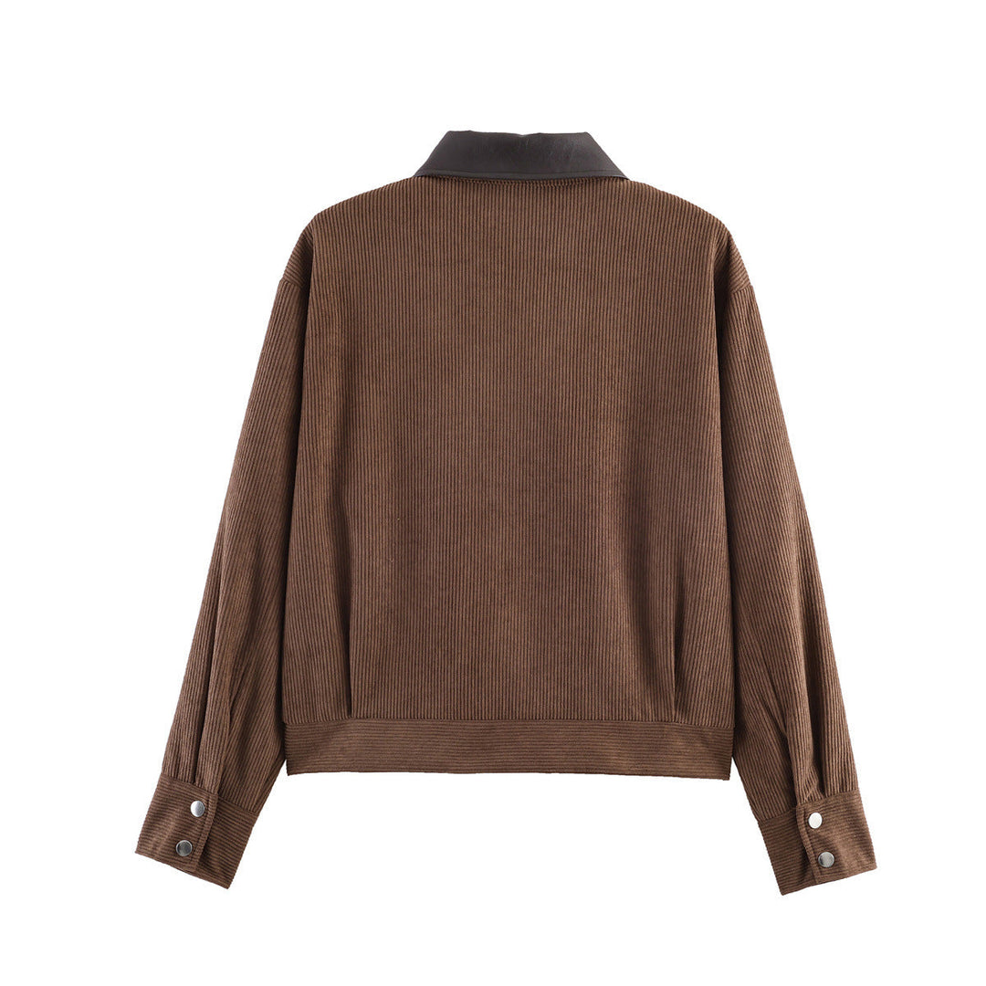 Women Ribbed Structure Short Jacket with Faux Leather Collar and Flap Pockets