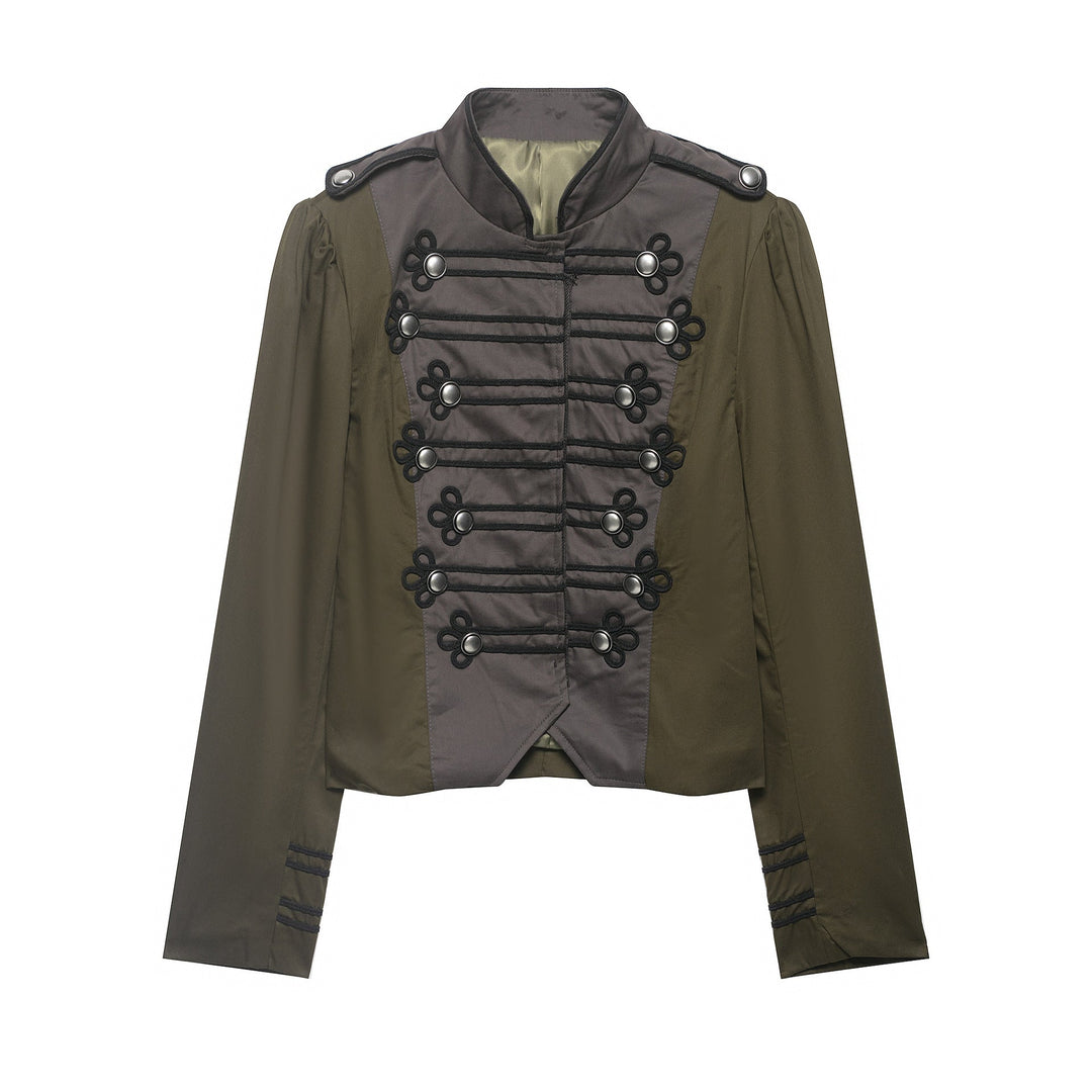 Ladies short jacket in military style with stand-up collar, decorative frog and epaulettes