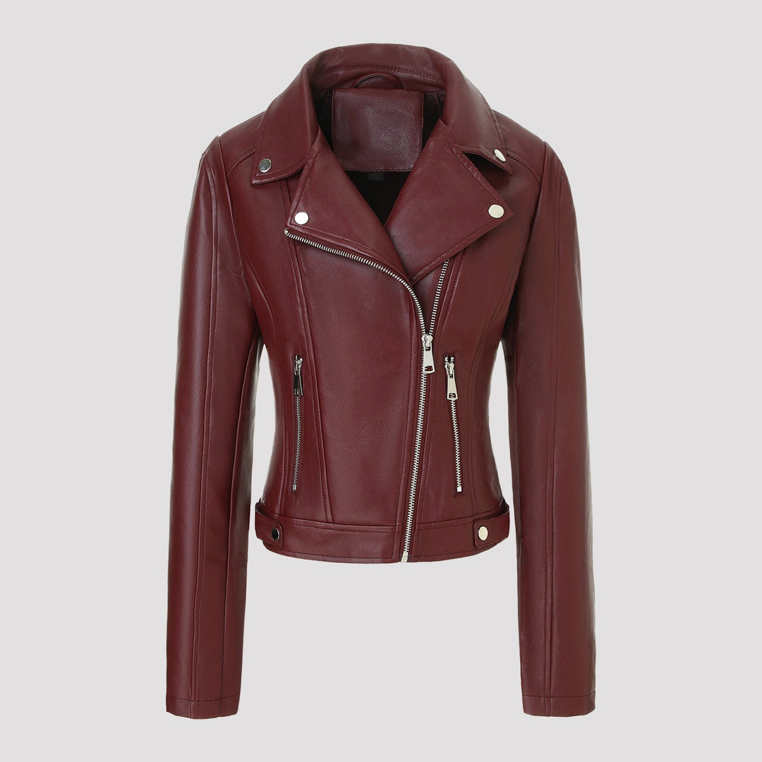 Women short fitted biker jacket made of Nappa leather with asymmetrical zip