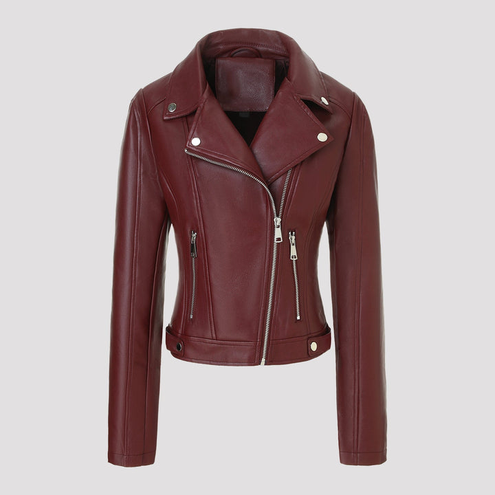 Women short fitted biker jacket made of Nappa leather with asymmetrical zip