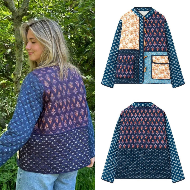 Women Padded Patchwork Quilted Jacket with Toggle Closures and Patch Pockets