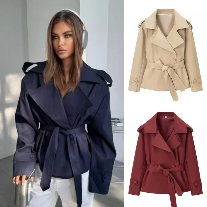 Women Short Trench Coat with dropped shoulders, large lapel collar and wrap belt