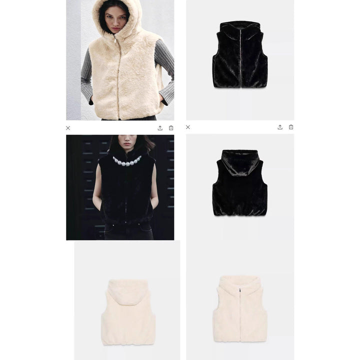 Women’s sleeveless teddy vest with hood and zip