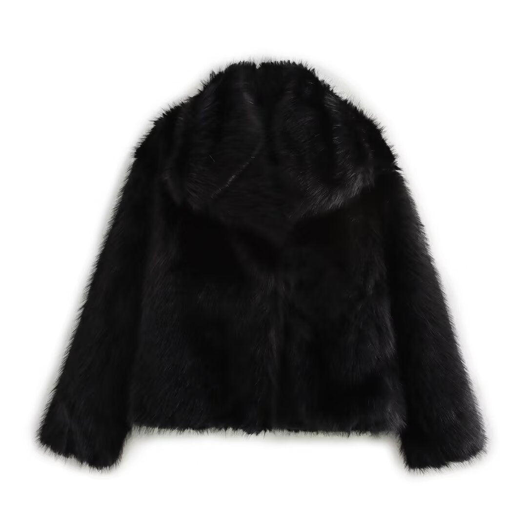 Women short cut boxy faux fur coat with shawl collar