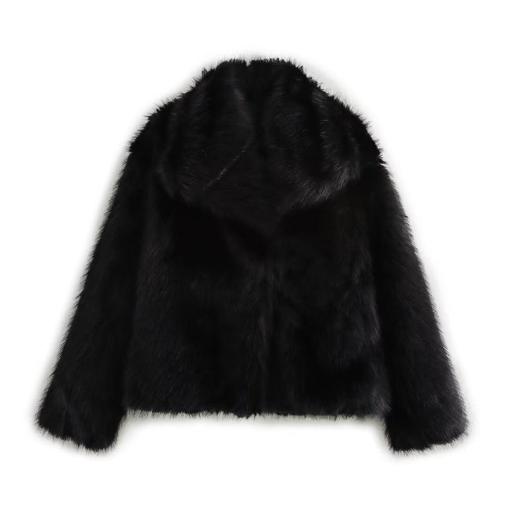 Women short cut boxy faux fur coat with shawl collar