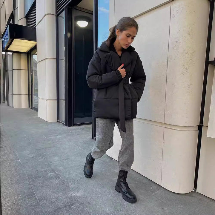 Women Padded Tailored Quilted Jacket with Belt and Hood