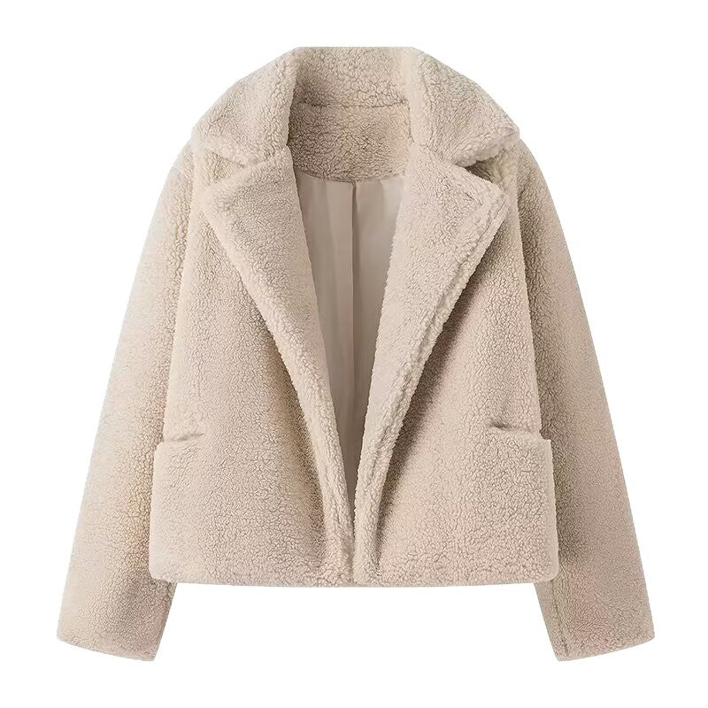 Women Short Faux Fur Teddy Blouson with Wide Lapel Collar