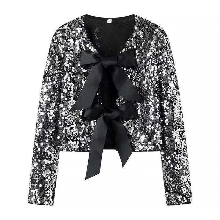 Women’s Short Cut Sequin Bolero Jacket with Triple Satin Bows and Lined Interior