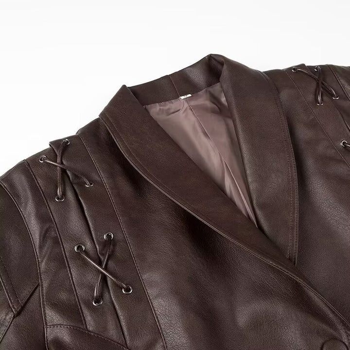 Women Short Blazer Leather Jacket with Shawl Collar, Waist Belt and Lacing Detail