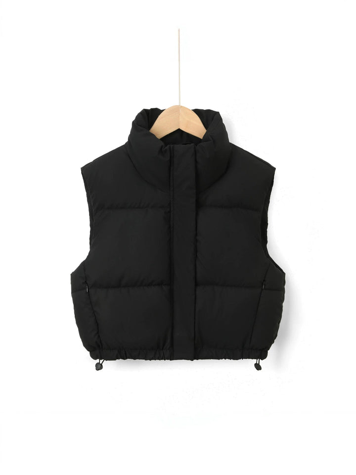Women Padded Quilted Vest with High Stand-Up Collar and Drawstring