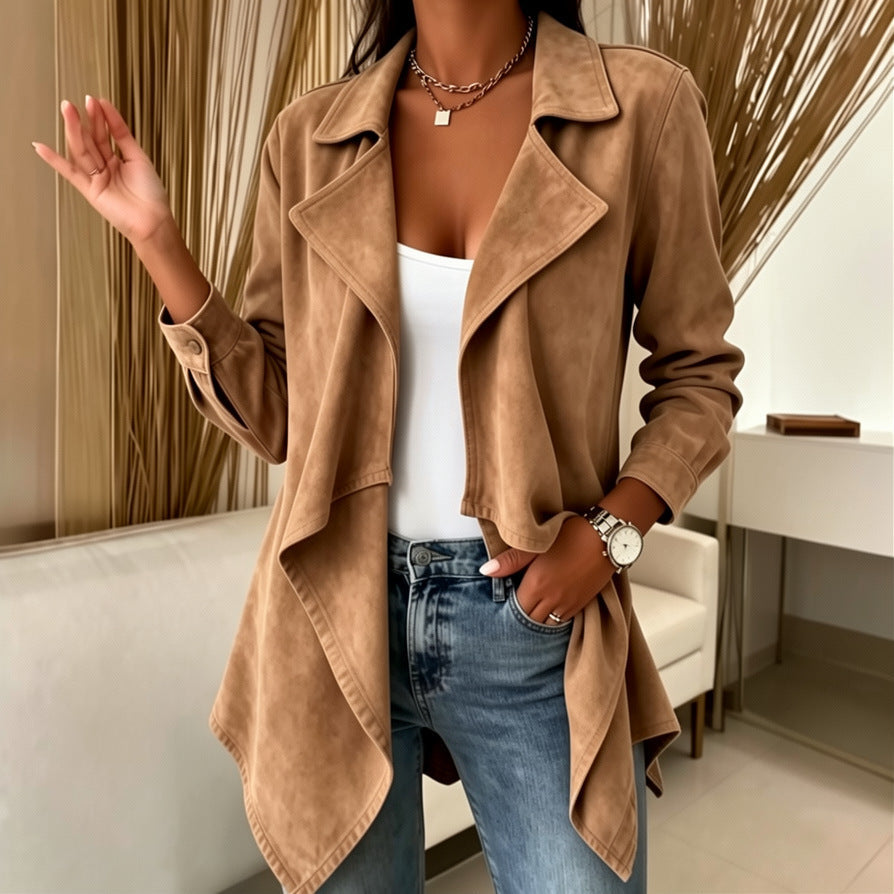 Women waterfall jacket made of faux suede with asymmetrical hem