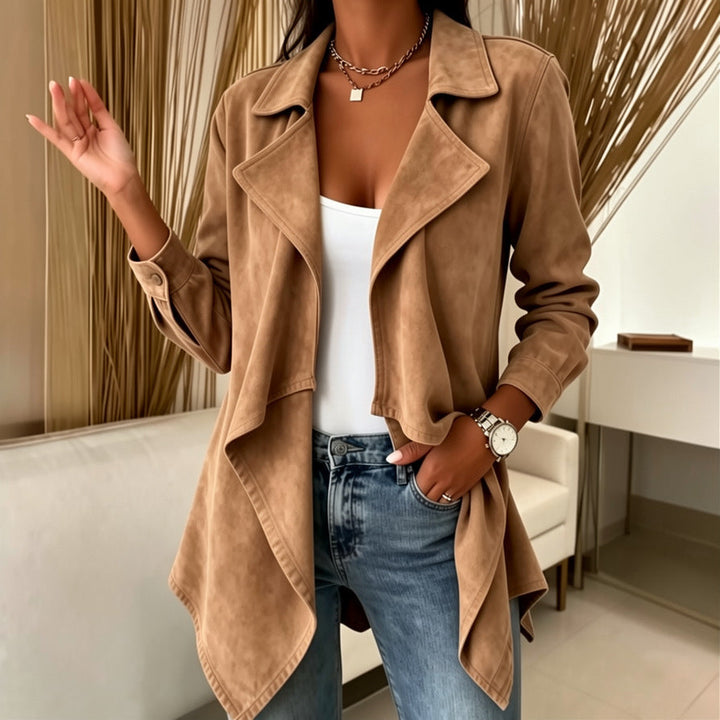 Women waterfall jacket made of faux suede with asymmetrical hem