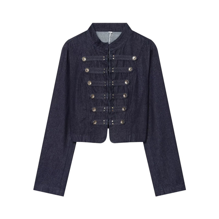 Women Cropped Denim Military Jacket with Stand-Up Collar and Decorative Button Placket