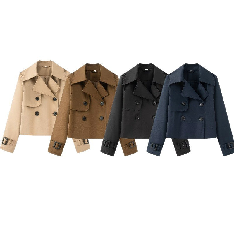 Women Cropped Double-breasted Trench Coat with Wide Lapels and Adjustable Cuffs