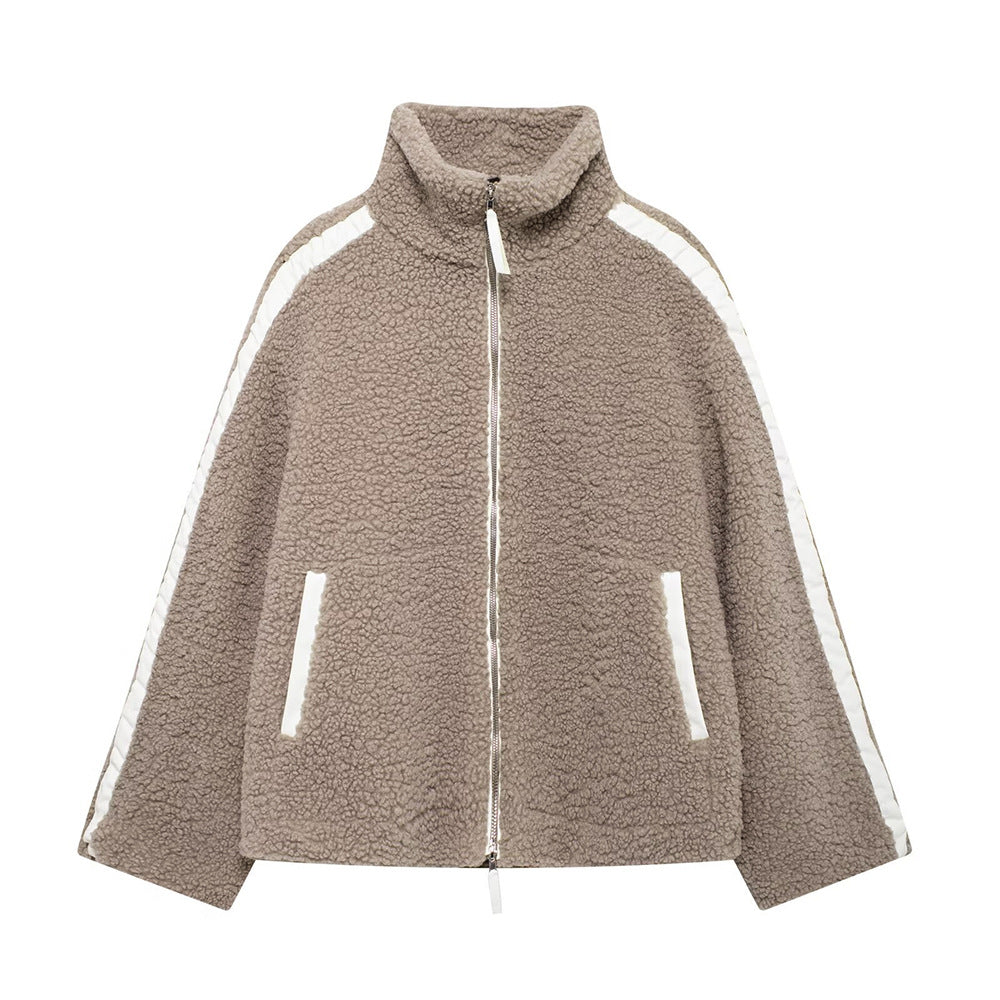 Women Wide Cut Teddy Fleece Jacket with High Standing Collar