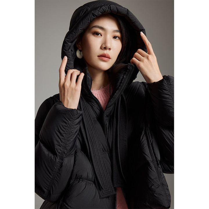 Women Short Cut Boxy Quilted Jacket with Voluminous Hood and Drawstring
