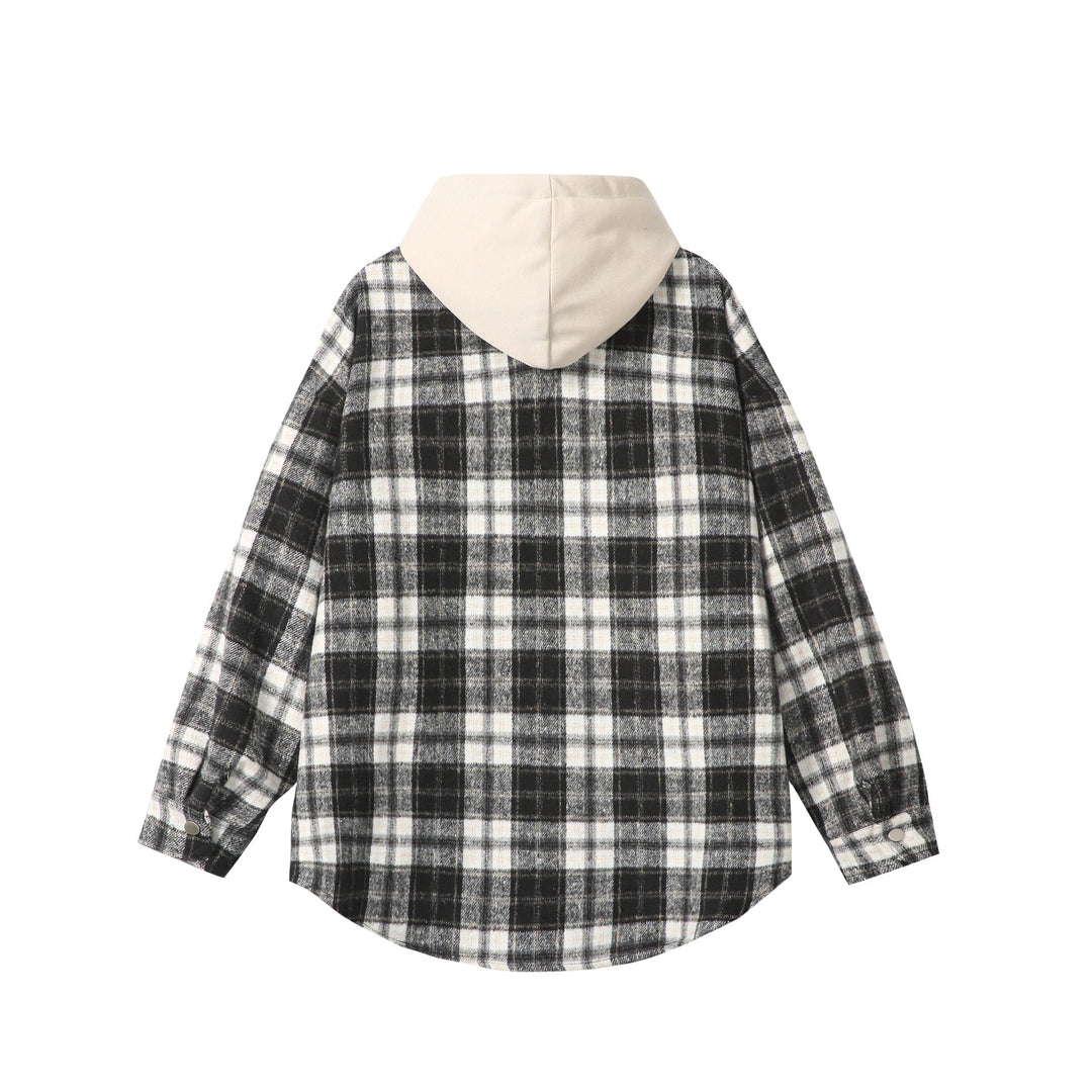 Unisex Oversized Check Shirt Jacket with Hood, Snap Buttons and Chest Pocket