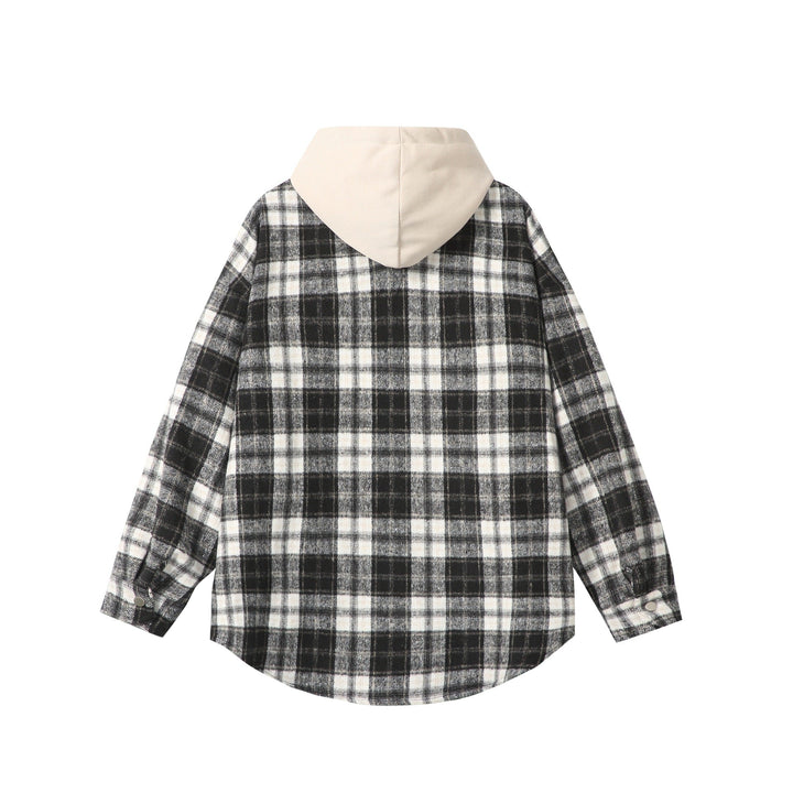 Unisex Oversized Check Shirt Jacket with Hood, Snap Buttons and Chest Pocket