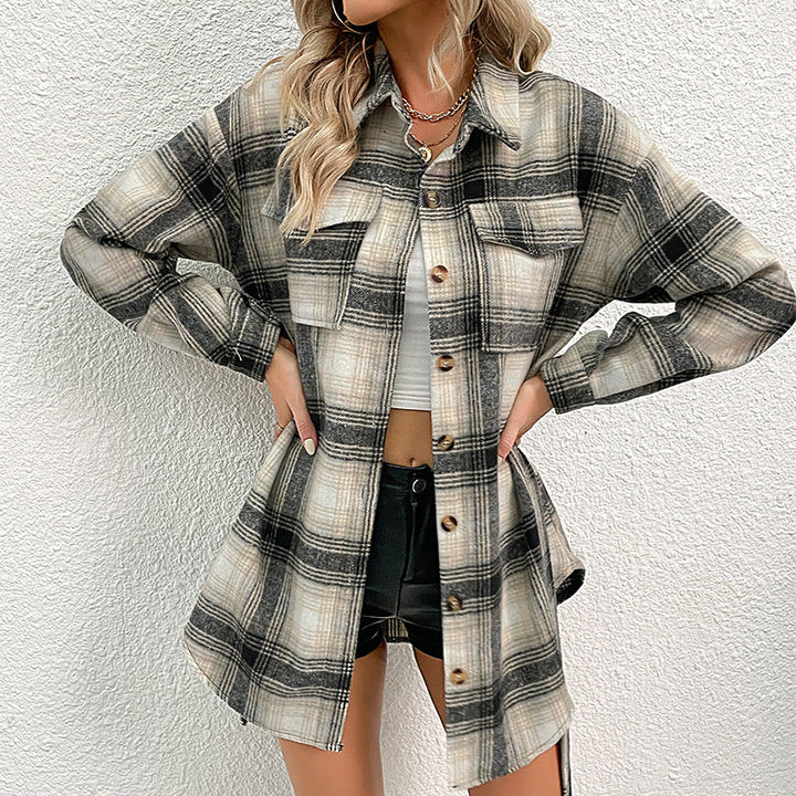 Women Checked Longline Shirt Coat with Button Placket and Waist Belt