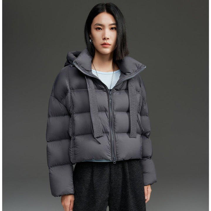 Women Short Cut Boxy Quilted Jacket with Voluminous Hood and Drawstring