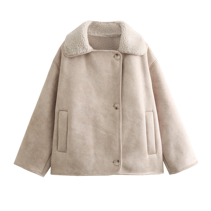 Ladies short jacket in lamb fur look with shawl collar and side patch pockets