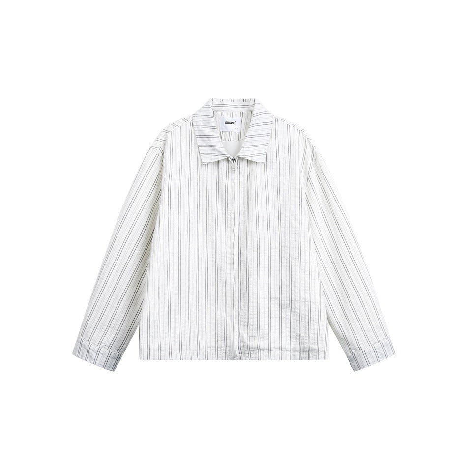 Unisex Lightweight Striped Overshirt Jacket with Shirt Collar and Concealed Zip