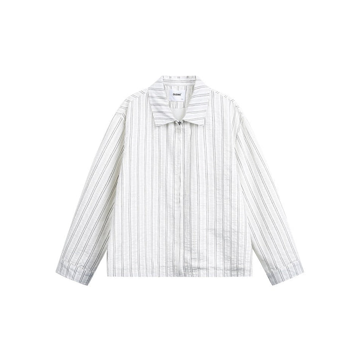 Unisex Lightweight Striped Overshirt Jacket with Shirt Collar and Concealed Zip