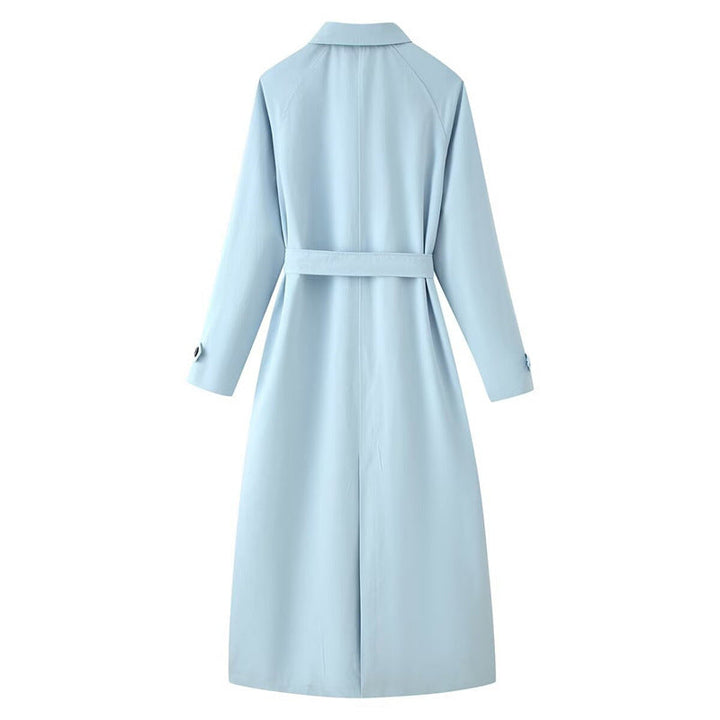 Ladies longer tailored trench coat with tie belt and shirt collar