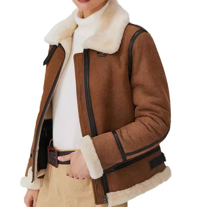 Women Short Cut Aviator Sheepskin Imitation Jacket with Teddy Lining and Faux Leather Trim