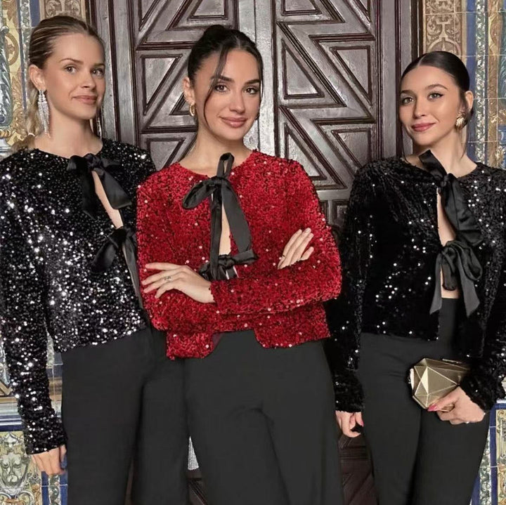 Women Sequin Bolero Jacket with Decorative Satin Bows