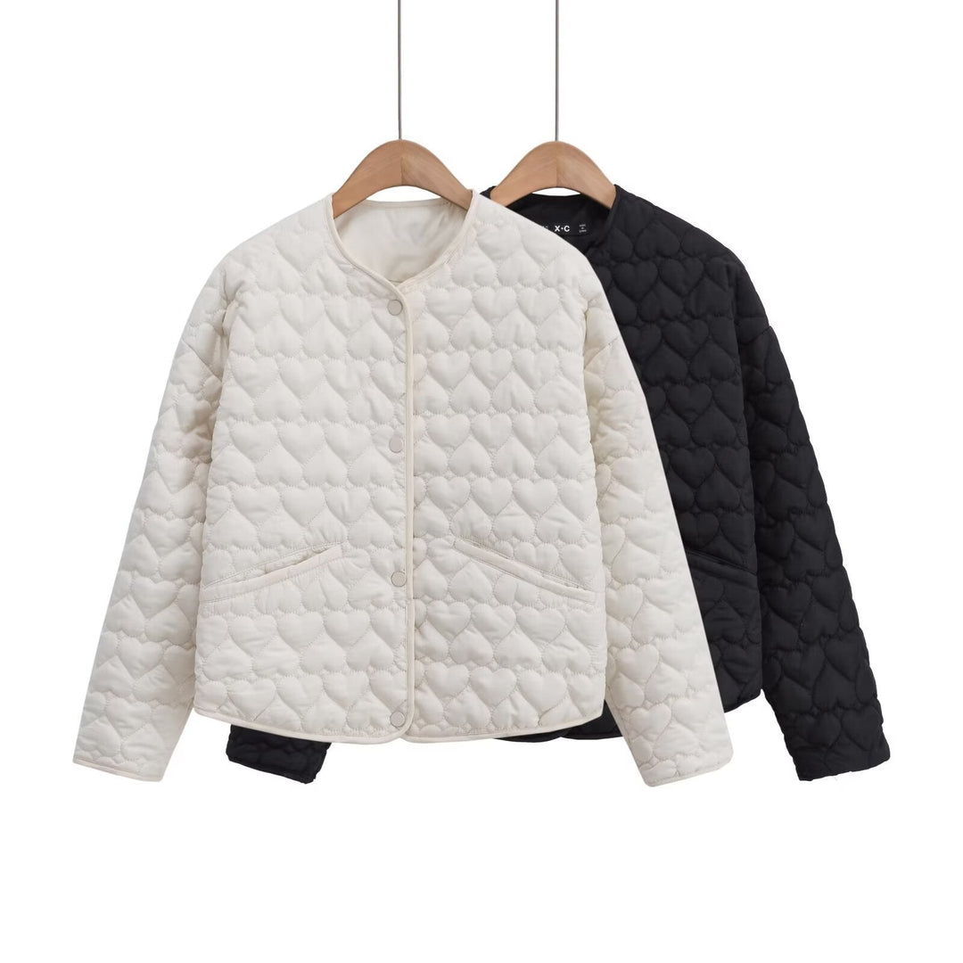 Women 100+ quilted short jacket with heart quilting, round neckline and snap buttons