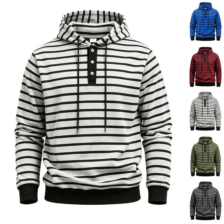Men Striped Hoodie with Henley Placket, Drawstring and Ribbed Cuffs
