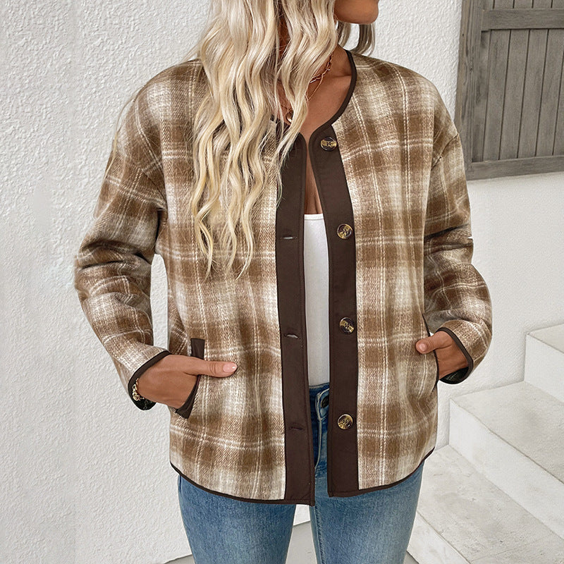 Ladies Checked Transitional Jacket with Round Neck, Contrast Trim and Button Placket