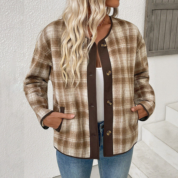 Ladies Checked Transitional Jacket with Round Neck, Contrast Trim and Button Placket
